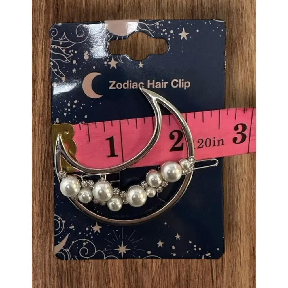 NWT 2 Inch Zodiac Gold Plated Metal Imitation Pearl Half Moon Hair Clip Barrette